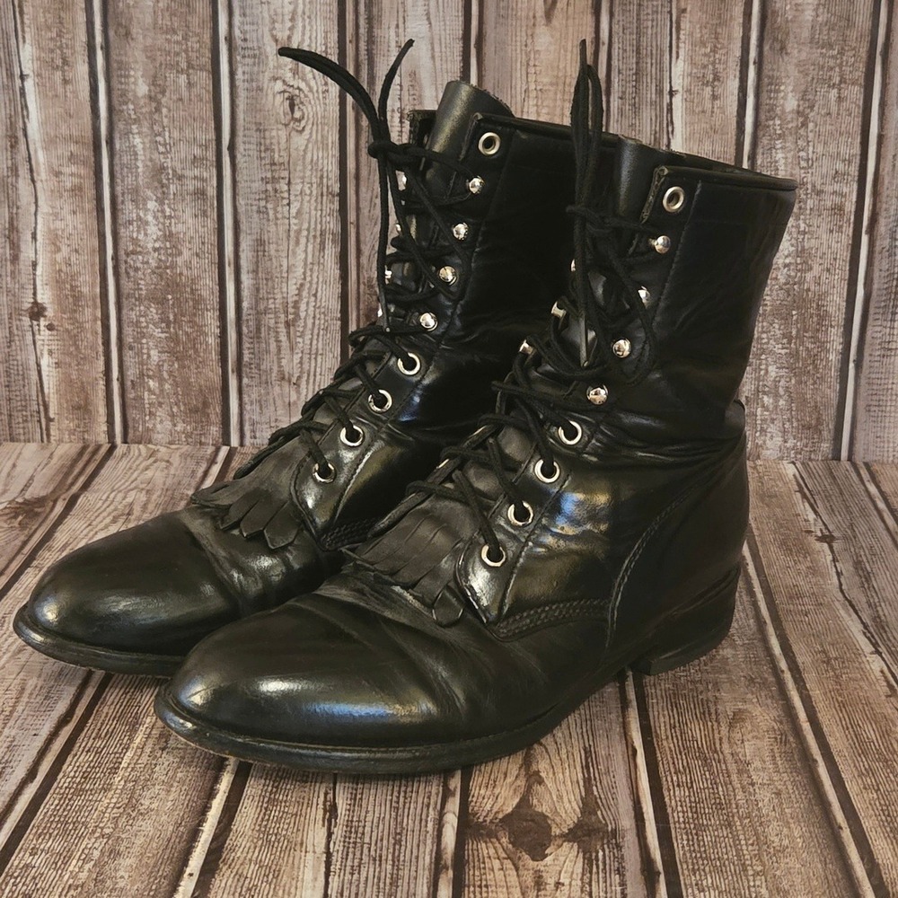 Sz 7.5 E Mens Justin 506 Black Leather Kiltie Lace Up Packer Western Boots